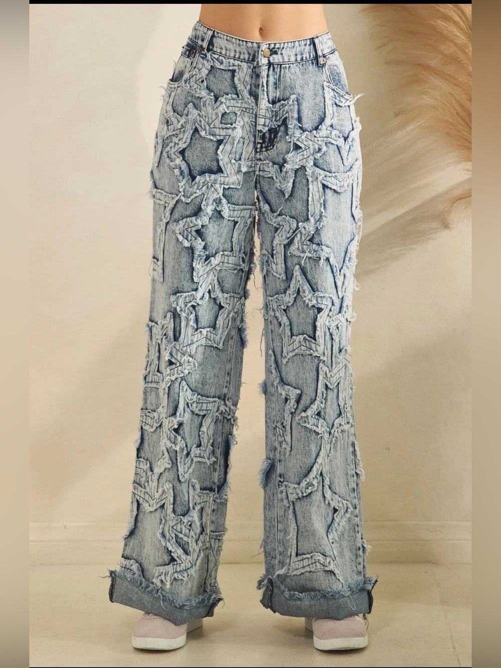 NWT Oli & Hali Star Embellished Raw Cuff Textured Denim Jeans